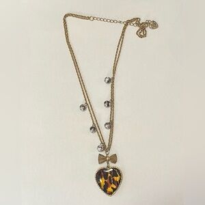 Betsey Johnson Leopard Heart Pearl and Ribbon Necklace